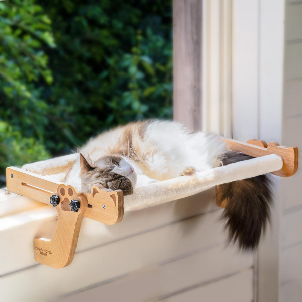 CHEERHOME PETS Cat Window Perch for Indoor Cats Wooden Cat Bed Window with Cushion, Cat Hammock for Windowsill Cat Shelf Adjustable Cat Seat for Bedside and Cabinet, Cat Furniture (Large)