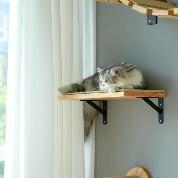 FUKUMARU Cat Wall Shelves, Cat Wall Furniture with Sisal Mat, Solid Rubber Wood Floating Wall Shelf with Upgraded Installation, Cat Window Perch for Sleeping, Playing and Scratching - Image 4