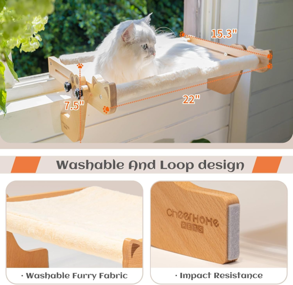 CHEERHOME PETS Cat Window Perch for Indoor Cats Wooden Cat Bed Window with Cushion, Cat Hammock for Windowsill Cat Shelf Adjustable Cat Seat for Bedside and Cabinet, Cat Furniture (Large) - Image 2