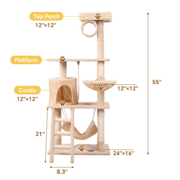 55-inch Cat Climbing Tree Tower with Multi-Level Perches, Hammocks, Sisal Posts, and Ladders – Durable Altay Velvet Cat Tree for Scratching, Climbing, and Napping - Image 3