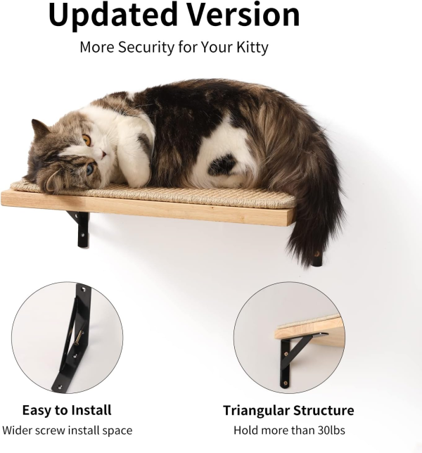 FUKUMARU Cat Wall Shelves, Cat Wall Furniture with Sisal Mat, Solid Rubber Wood Floating Wall Shelf with Upgraded Installation, Cat Window Perch for Sleeping, Playing and Scratching - Image 2