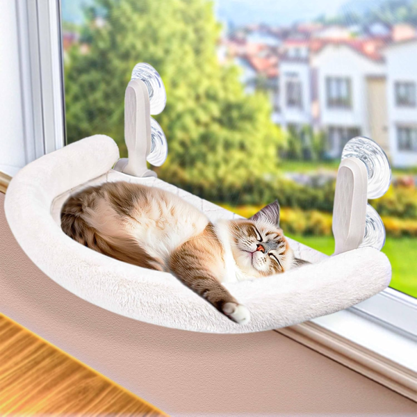 RherGrac Cat Window Perch & Hammock - Exquisite Soft Wool Fleece, Safe & Comfortable Design with 4 Strong Suction Cups - Ideal for Large Cats (White, Large)