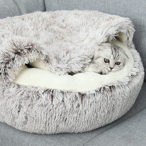 Plush Round Cat Bed, Soft Donut Hooded Cave Bed for Cats & Dogs, Winter Warmth, Non-Skid Bottom, Easy-Clean