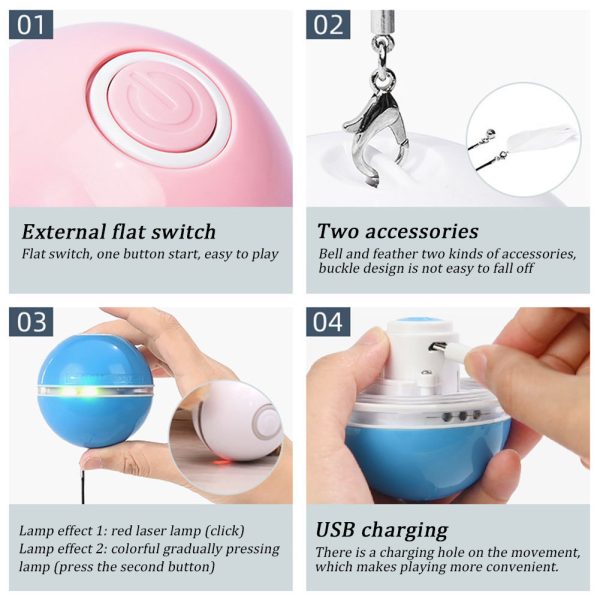 Colorful LED Laser Funny Cat Ball Toy, USB Rechargeable Interactive Cat Toy with Feather & Bell - Image 3