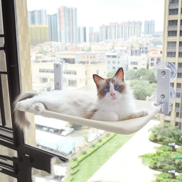 Cat Suction Cup Window Glass Hammock - Plush Fabric, Steel Frame, Beige & Grey, Mesh & Lint Design, Minimalist Style - Image 4