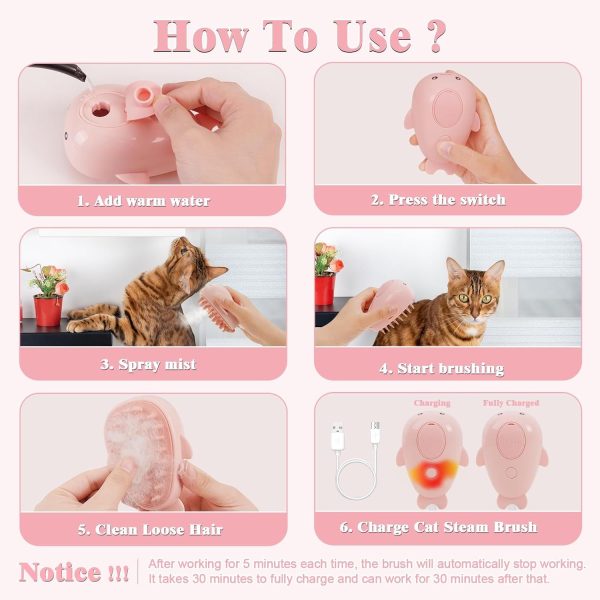 FRAMICS Rechargeable Silicone Pet Brush - 3-in-1 Self-Cleaning Steamer Massage Brush for Cat and Dog Grooming, Hair Removal, Pink - Image 5