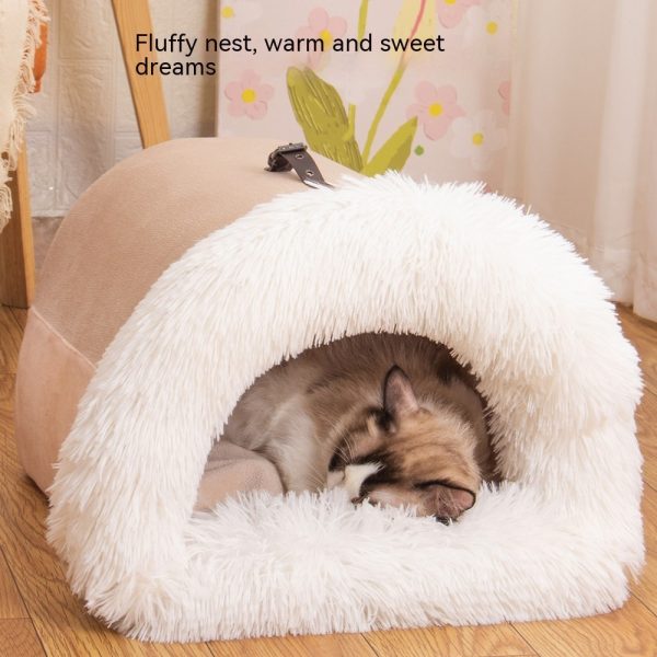 Portable Pet Nest - Warm, Moisture-Proof Dog & Cat Bed, Soft Long Fur, Semi-Enclosed Design, Ideal for Autumn & Winter - Image 2