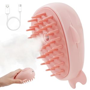 FRAMICS Rechargeable Silicone Pet Brush - 3-in-1 Self-Cleaning Steamer Massage Brush for Cat and Dog Grooming, Hair Removal, Pink