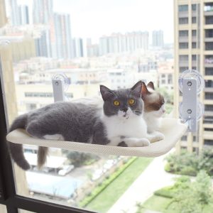 Cat Suction Cup Window Glass Hammock - Plush Fabric, Steel Frame, Beige & Grey, Mesh & Lint Design, Minimalist Style
