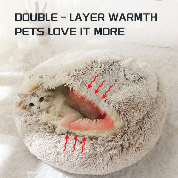 Plush Round Cat Bed, Soft Donut Hooded Cave Bed for Cats & Dogs, Winter Warmth, Non-Skid Bottom, Easy-Clean - Image 3