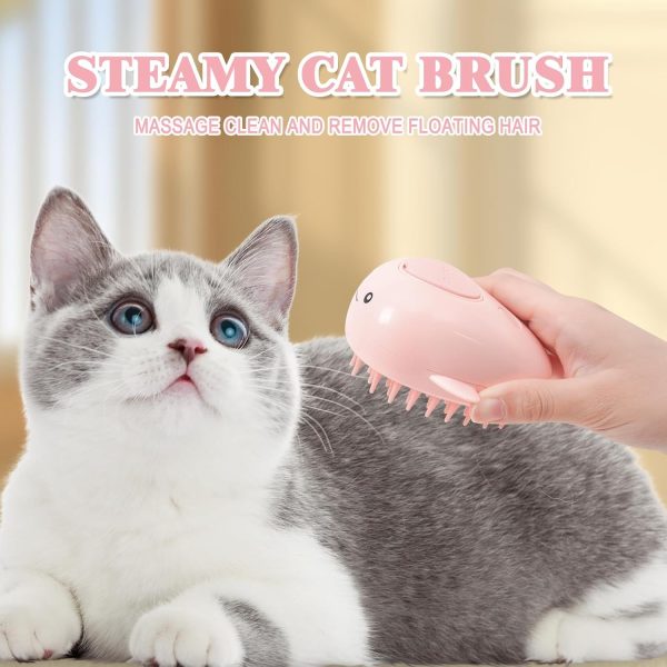 FRAMICS Rechargeable Silicone Pet Brush - 3-in-1 Self-Cleaning Steamer Massage Brush for Cat and Dog Grooming, Hair Removal, Pink - Image 3