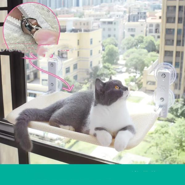 Cat Suction Cup Window Glass Hammock - Plush Fabric, Steel Frame, Beige & Grey, Mesh & Lint Design, Minimalist Style - Image 3