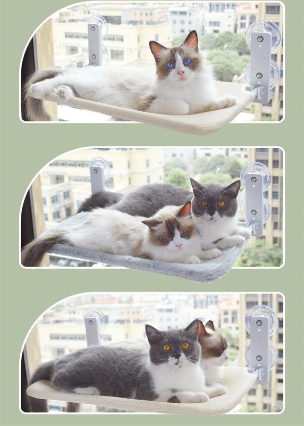 Cat Suction Cup Window Glass Hammock - Plush Fabric, Steel Frame, Beige & Grey, Mesh & Lint Design, Minimalist Style - Image 9