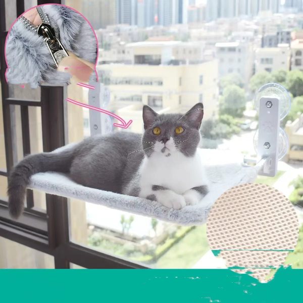 Cat Suction Cup Window Glass Hammock - Plush Fabric, Steel Frame, Beige & Grey, Mesh & Lint Design, Minimalist Style - Image 2