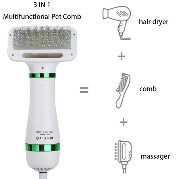 2-in-1 Pet Hair Dryer with Slicker Brush for Small Dogs & Cats, 300W Pet Grooming Tool, Adjustable Temp, Overheat Protection