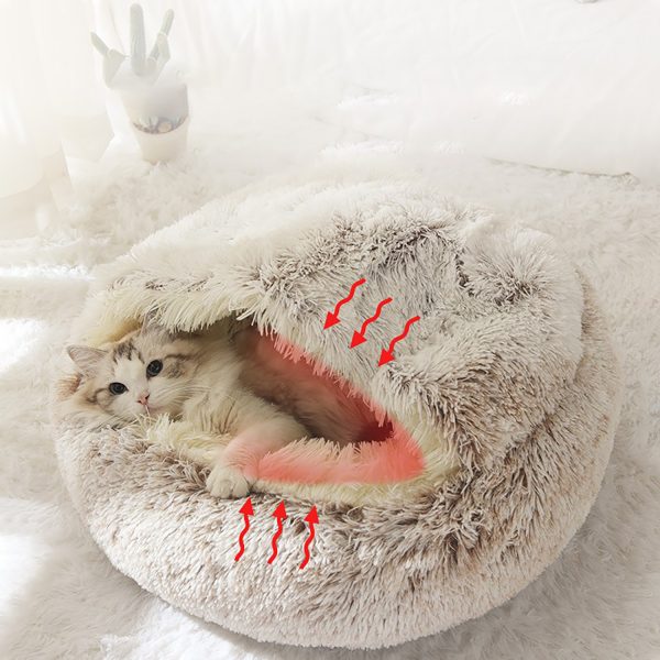 Plush Round Cat Bed, Soft Donut Hooded Cave Bed for Cats & Dogs, Winter Warmth, Non-Skid Bottom, Easy-Clean - Image 8