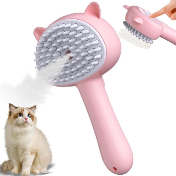 KALAMANDA  4 in 1 Cat Steam Brush with Handle, Rubber Pet Misting Brush, Release Button, Dog Comb & Cleanser for Indoor Kittens & Small Animals