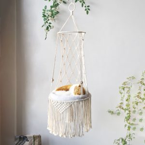 Macrame Cat Hammock, Hanging Cat Bed Hammock Cat Swing for Indoor Cats, Boho Cat Swing Bed for Sleeping, Playing, Climbing, and Lounging