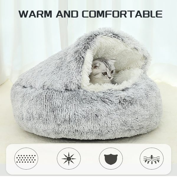 Plush Round Cat Bed, Soft Donut Hooded Cave Bed for Cats & Dogs, Winter Warmth, Non-Skid Bottom, Easy-Clean - Image 6
