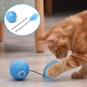 Colorful Smart Interactive Cat Toy with LED Light, 360° Self Rotating Ball, USB Rechargeable, Feather & Bell, Catnip Inside