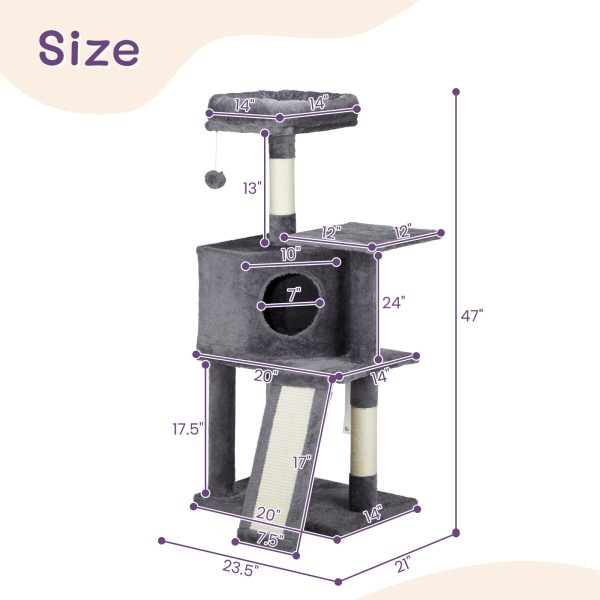 Cat Tree Cat Tower for Indoor Cats, 47in Cat Tower Multi-Level Durable Cat Scratching Post & Cozy Fun Cat Jumping Platform Space Saving Cat Condo Pet Play House for Indoor Cats,Dark Grey - Image 5