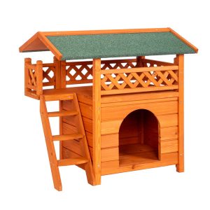 Insulated Outdoor Cat House, Feral Cat Shelter, Weatherproof 2-Story Pet Home with Stairs, Balcony, Ideal for Cats and Small Dogs (Yellow, with Shade)