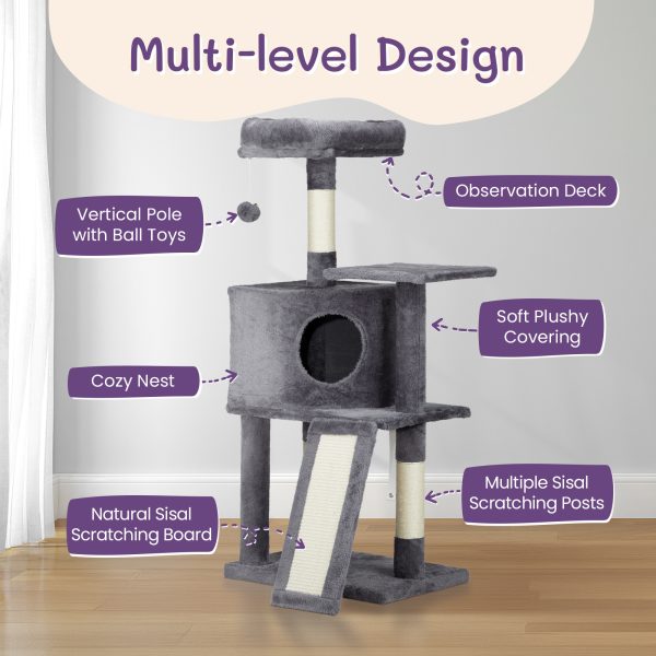 Cat Tree Cat Tower for Indoor Cats, 47in Cat Tower Multi-Level Durable Cat Scratching Post & Cozy Fun Cat Jumping Platform Space Saving Cat Condo Pet Play House for Indoor Cats,Dark Grey - Image 2