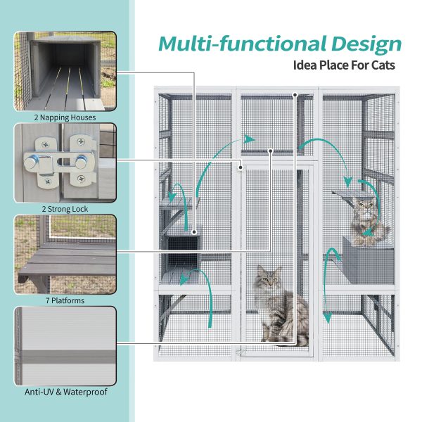Wooden Cat Cage Condo Indoor Playpen 62.6" Outdoor Wooden Cat House Large Catio with Anti-UV& Waterproof, 7 Platforms and 2 Resting House - Image 8