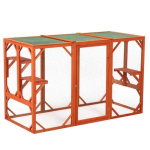 Wooden Cat House, Outdoor Cat Cage with Water-Proof Asphalt Planks and Cat Perches, Orange