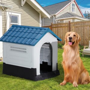 Outvita Outdoor Dog House, Plastic Dog Shelter for Small to Medium Size Dogs Waterproof, Durable Indoor Puppy House with Air Vents, Elevated Floor, Easy to Assemble 25"x22"x26" Blue