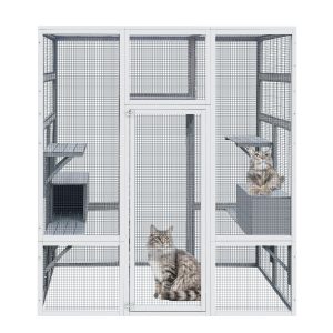Wooden Cat Cage Condo Indoor Playpen 62.6" Outdoor Wooden Cat House Large Catio with Anti-UV& Waterproof, 7 Platforms and 2 Resting House