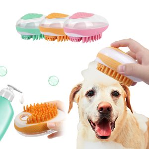 Dog Grooming Brush, Soap Dispenser, Soothing Massage, Soft Bristles - For Dogs and Cats (16 x 7.5 cm)