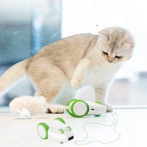 PETGEEK Automatic Cat Mouse Toys Interactive Cat Toys for Indoor Cats, Smart Sensing Moving Electric Cat Toys with Catnip Wand, USB Rechargeable Remote Control Squeaky Mouse Cat Toy, 3 Catnip Tails