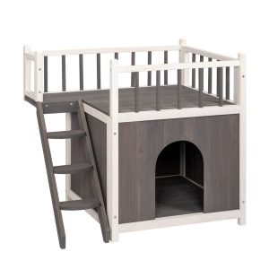 Wooden Feral Cat House, 2-Story Pets House for Outdoor and Indoor, Pet House with Stairs