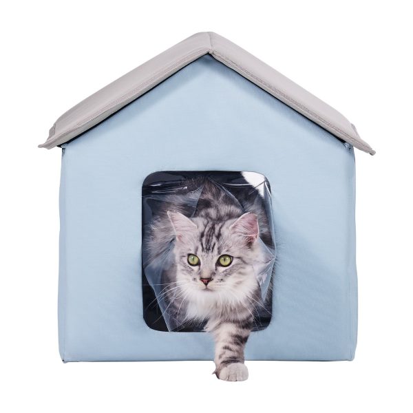 VEVOR Heated Cat House, Outdoor Kitty Shelter, 600D Oxford Cloth Foldable Cat Shelter with Heated Pad for Winter to Stay Warm and Cozy, Light Blue (Small)