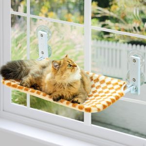 MEWOOFUN Cat Hammock - Steel Frame & Suction Cup Mount, Indoor Window Seat (Brown, Medium)