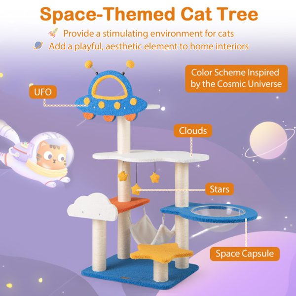 Cat Tree with Sisal Scratching Posts, 49 inch Tall Multi-level Cat Tower, Capsule Bed, Hammock, Dangling & Spring Toys, Space-Themed Cute Cat Furniture for Indoor Cats - Image 8