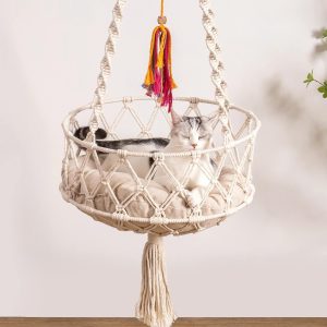 MEWOOFUN Macrame Cat Hammock, Hanging Cat Hammock, Space Saving Window Perch with Cotton Mat for Indoor Cats