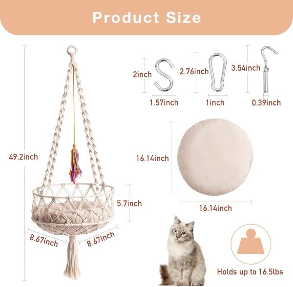 MEWOOFUN Macrame Cat Hammock, Hanging Cat Hammock, Space Saving Window Perch with Cotton Mat for Indoor Cats - Image 3