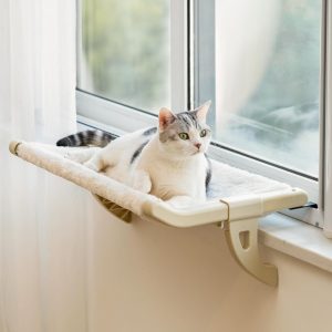MEWOOFUN Cat Hammock for Window, Windowsill Cat Bed with Removable Cover, No Suction Cups, Medium Size (Beige)