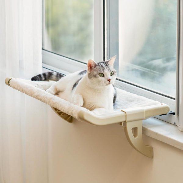 MEWOOFUN Cat Hammock for Window, Windowsill Cat Bed with Removable Cover, No Suction Cups, Medium Size (Beige)