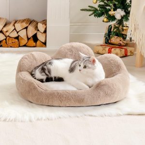 Cat Beds for Indoor Cats, Large Cat Bed Washable, Fluffy Calming Kitten Bed, Cute Cat Bed Sofa Design in Brown with Removable Cat Cushion, 58x58x23cm