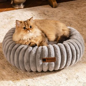 MEWOOFUN Cat Bed, Washable Beds for Indoor Cats, Cute Donut Bed Fluffy Pet Bed with Non-Slip Bottom, Calming Round Bed for Puppy and Kitten (Light Brown)