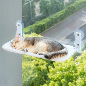 Cat Window Perch Hammock with Steel Frame, Strong Suction Cups, Foldable & Washable Cat Bed Seat for Indoor Cats, (White, Medium)
