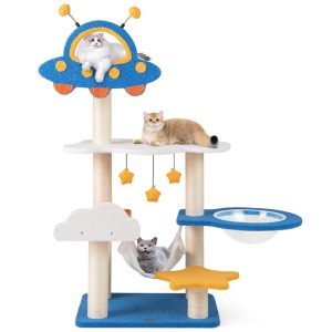 Cat Tree with Sisal Scratching Posts, 49 inch Tall Multi-level Cat Tower, Capsule Bed, Hammock, Dangling & Spring Toys, Space-Themed Cute Cat Furniture for Indoor Cats