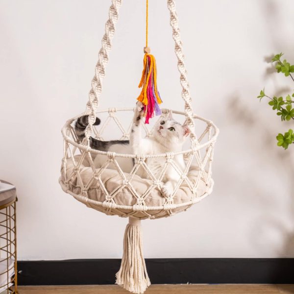MEWOOFUN Macrame Cat Hammock, Hanging Cat Hammock, Space Saving Window Perch with Cotton Mat for Indoor Cats - Image 5
