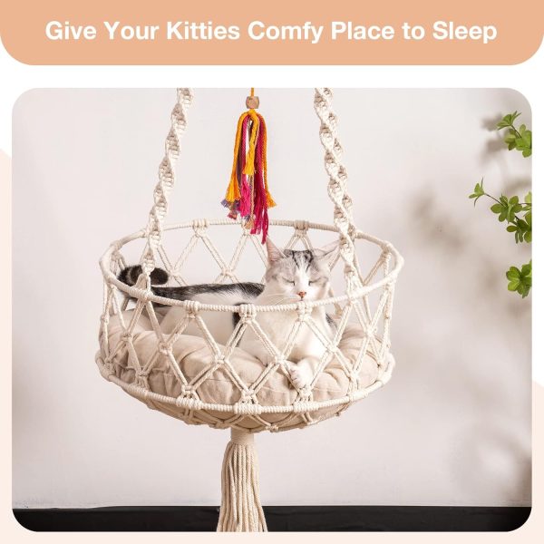 MEWOOFUN Macrame Cat Hammock, Hanging Cat Hammock, Space Saving Window Perch with Cotton Mat for Indoor Cats - Image 4