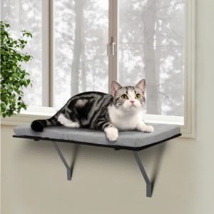 Cat Window Perch with Soft Velvet Cushion – Space-Saving Window Mounted Bed (Black & Gray)
