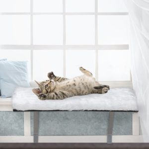 Cat Window Perch Wall Mounted Cat Seat with Upholstered Cushion & Supportive Feet, White MDF, Easy Install, 44.1lbs Load