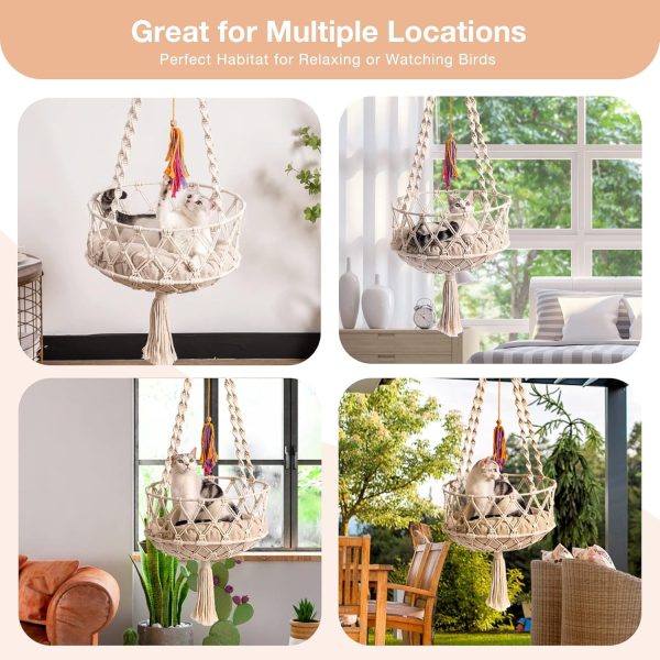 MEWOOFUN Macrame Cat Hammock, Hanging Cat Hammock, Space Saving Window Perch with Cotton Mat for Indoor Cats - Image 7
